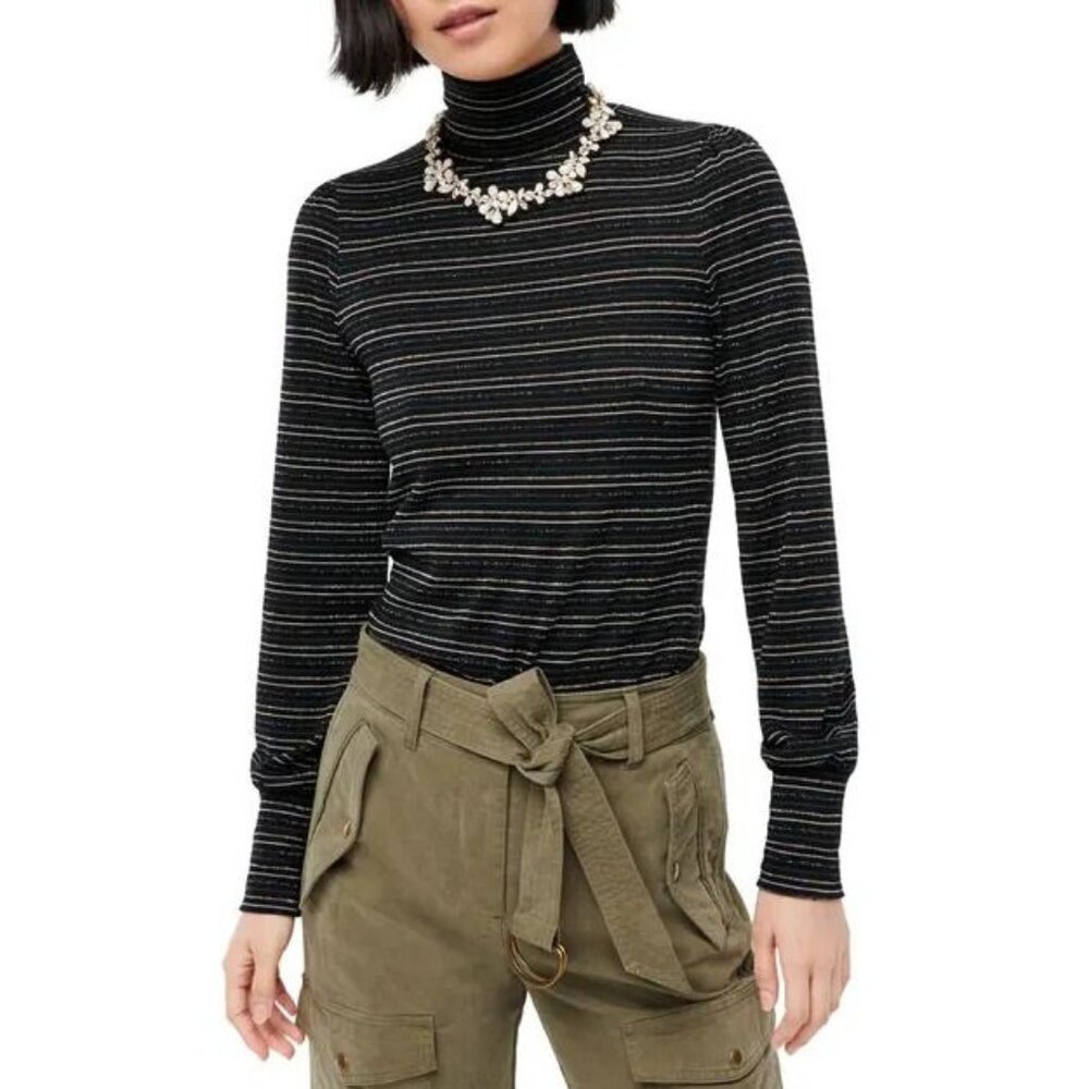 J.CREW Supercozy Turtleneck Pullover Metallic Striped Black Top XL AF967 New